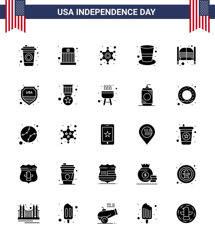 25 Creative USA Icons Modern Independence Signs and 4th July Symbols of saloon bar police magic hat cap Editable USA Day Vector Design Elements