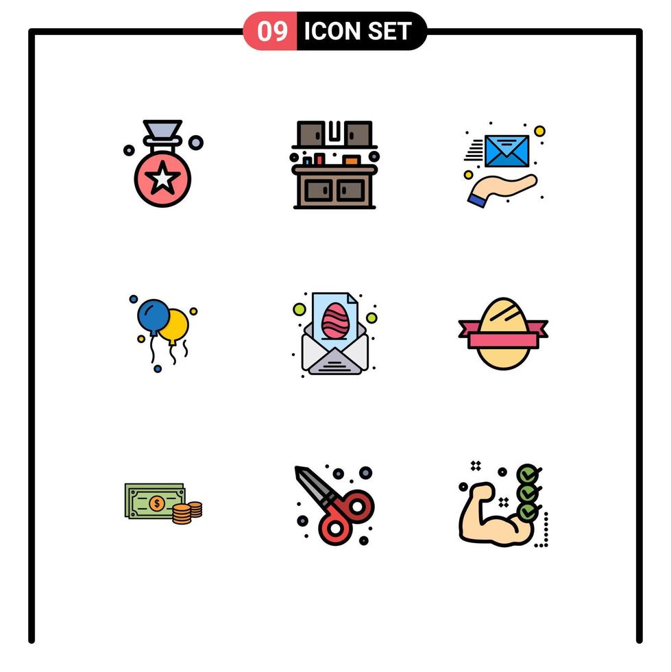 Pictogram Set of 9 Simple Filledline Flat Colors of message egg email easter balloons Editable Vector Design Elements