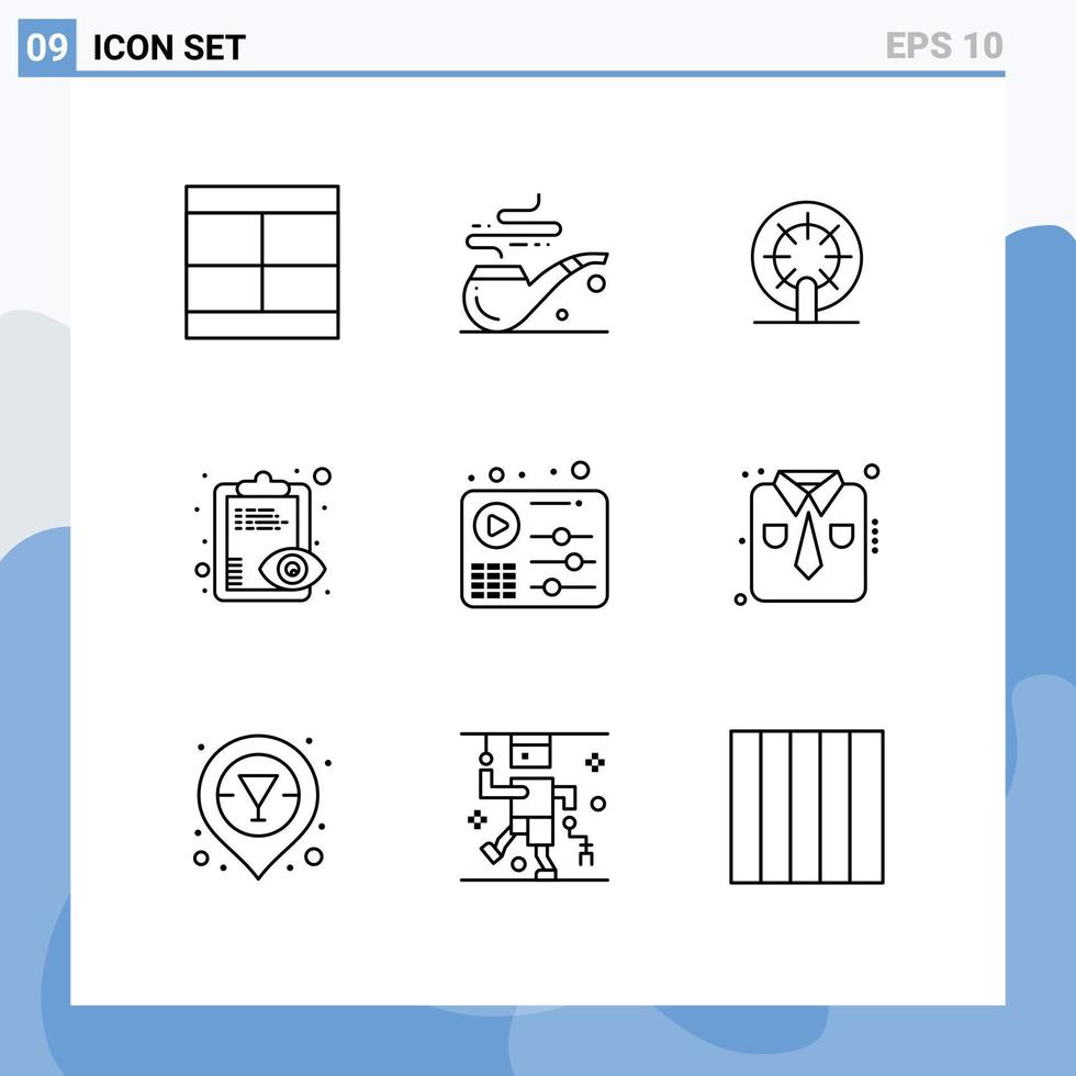 Group of 9 Outlines Signs and Symbols for equalizer clipboard wheel view eye Editable Vector Design Elements
