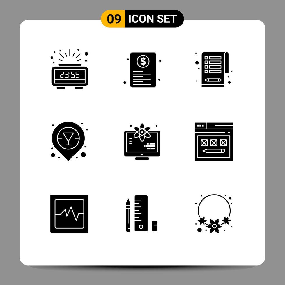 9 Universal Solid Glyphs Set for Web and Mobile Applications science atom web vodka champagne bar location Editable Vector Design Elements