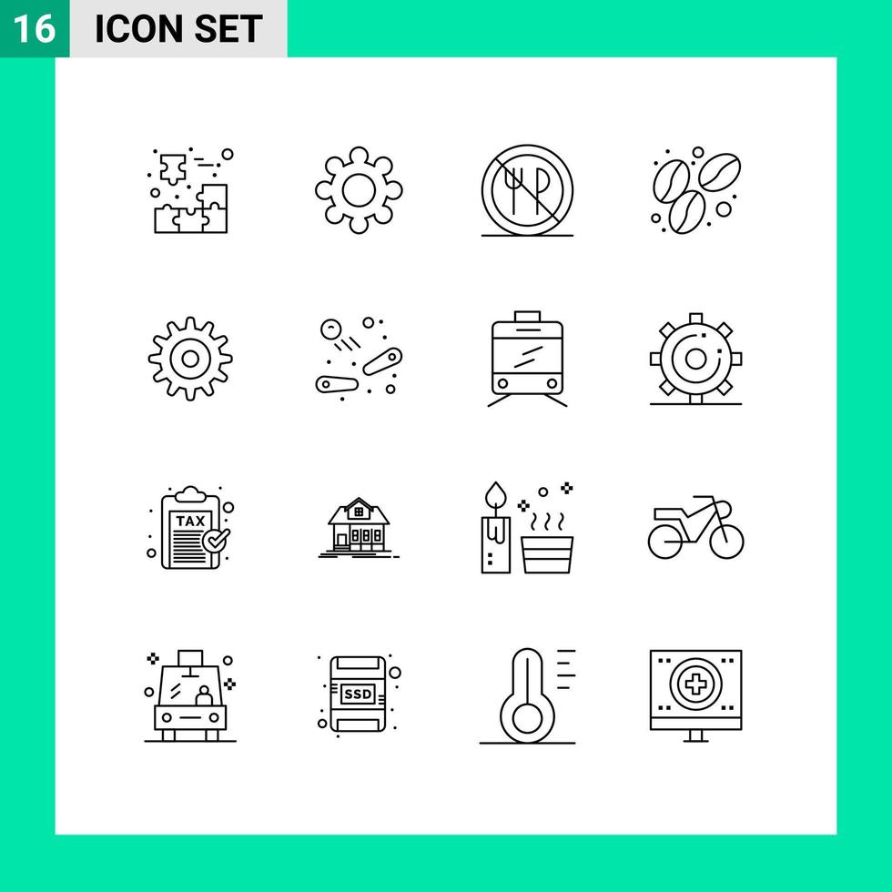 Modern Set of 16 Outlines Pictograph of wheel gear eating food bean Editable Vector Design Elements