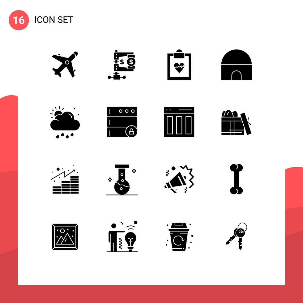 Set of 16 Vector Solid Glyphs on Grid for rain mosque reform islamic building building Editable Vector Design Elements