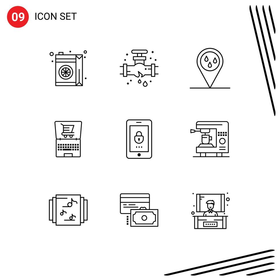 Group of 9 Modern Outlines Set for mobile encryption forecast shopping laptop Editable Vector Design Elements