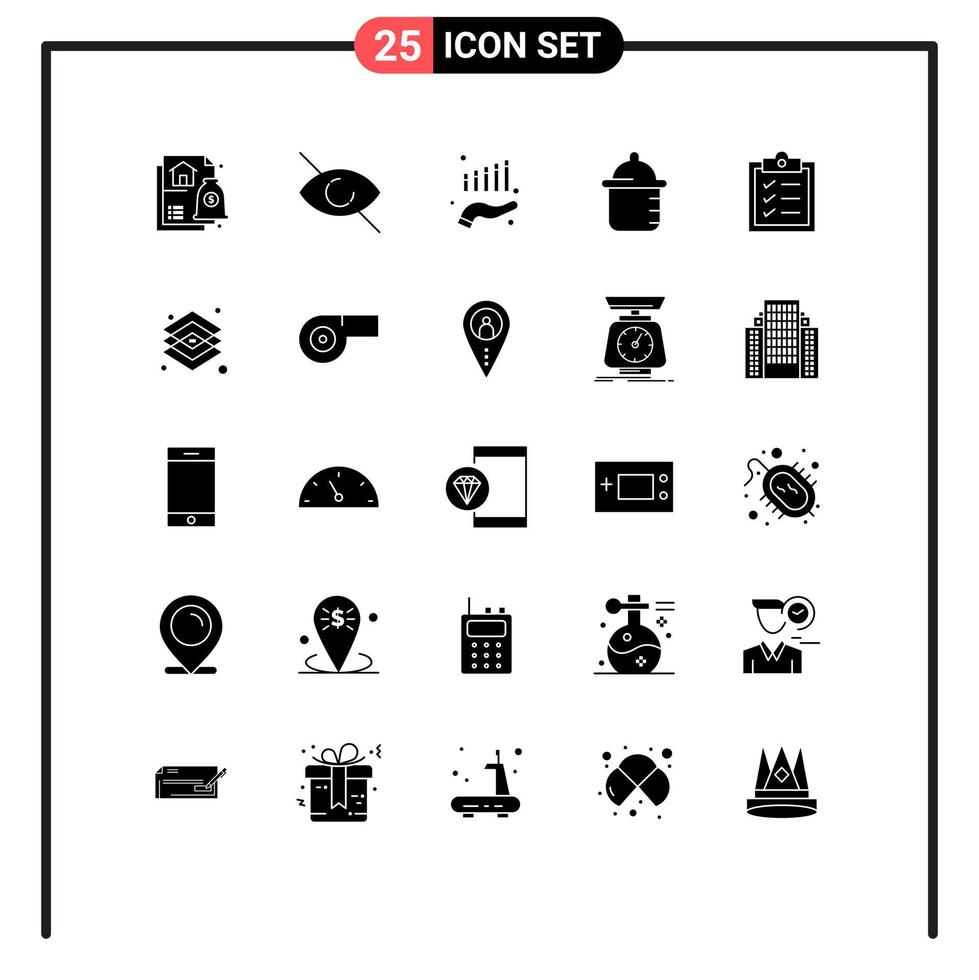 Modern Set of 25 Solid Glyphs Pictograph of creative list finance clipboard bottle Editable Vector Design Elements