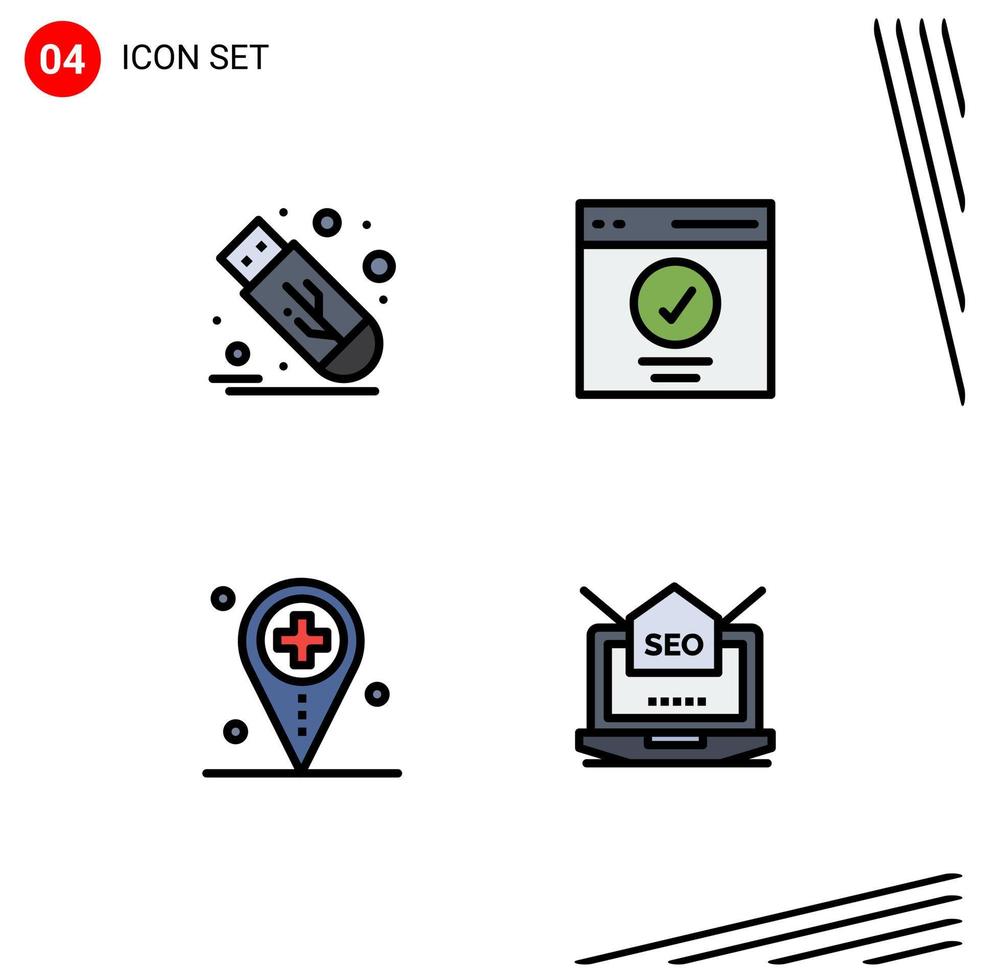 Set of 4 Modern UI Icons Symbols Signs for drive health usb message location Editable Vector Design Elements