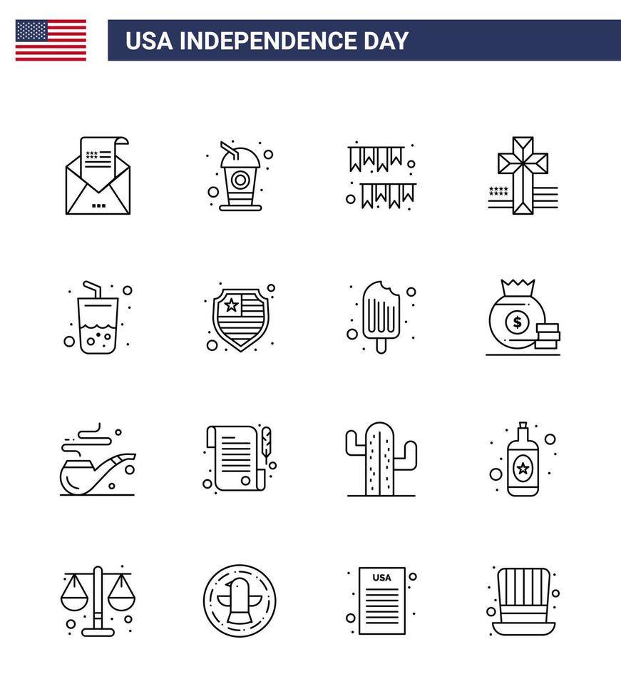 Set of 16 Modern Lines pack on USA Independence Day glass cross soda american decoration Editable USA Day Vector Design Elements