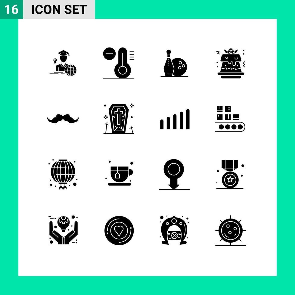 Universal Icon Symbols Group of 16 Modern Solid Glyphs of male hipster bowling moustache sweet Editable Vector Design Elements