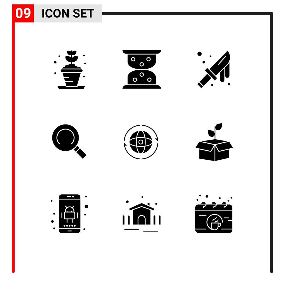 Group of 9 Modern Solid Glyphs Set for attom world cut globe magnifier Editable Vector Design Elements