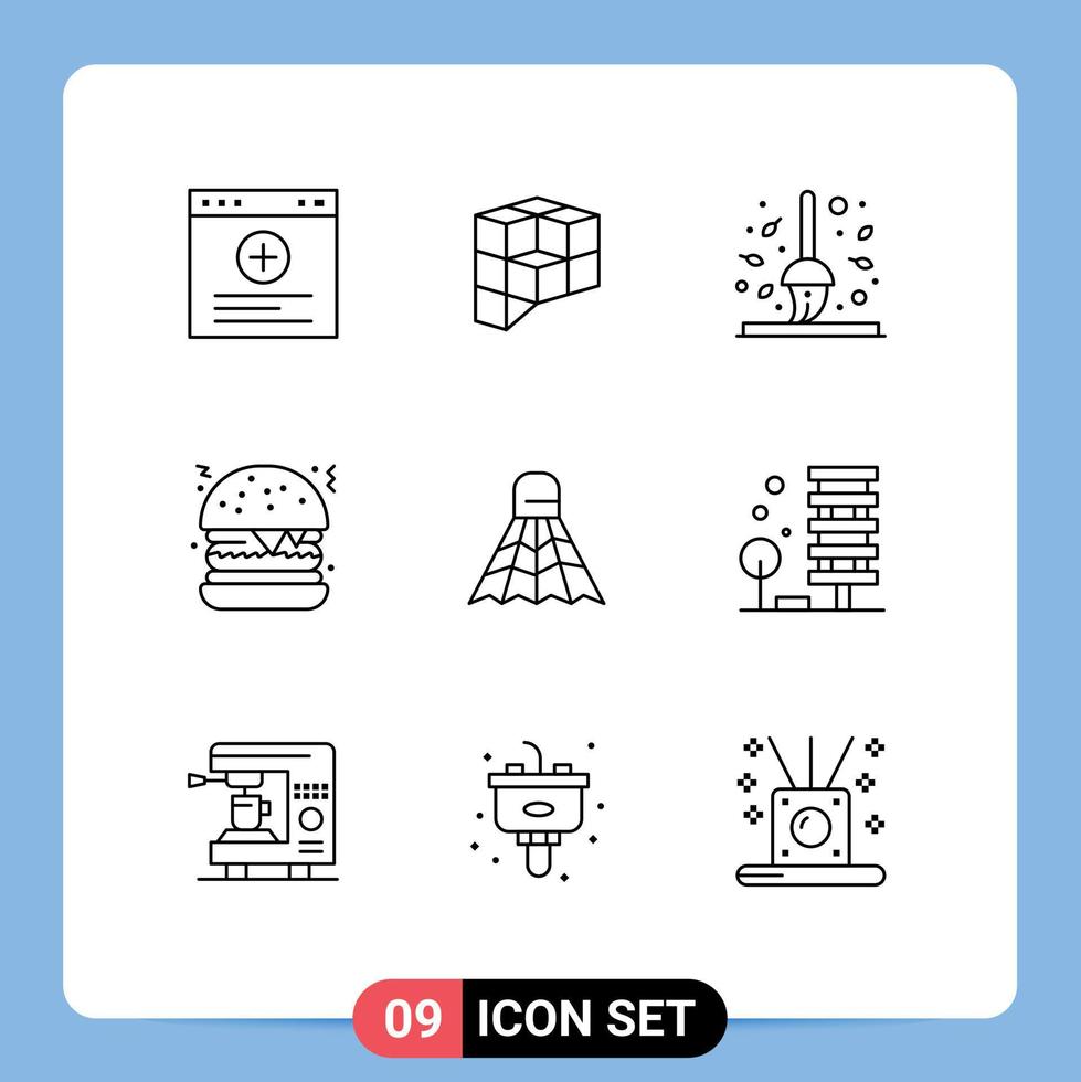 Set of 9 Modern UI Icons Symbols Signs for sport badminton broom food burger Editable Vector Design Elements