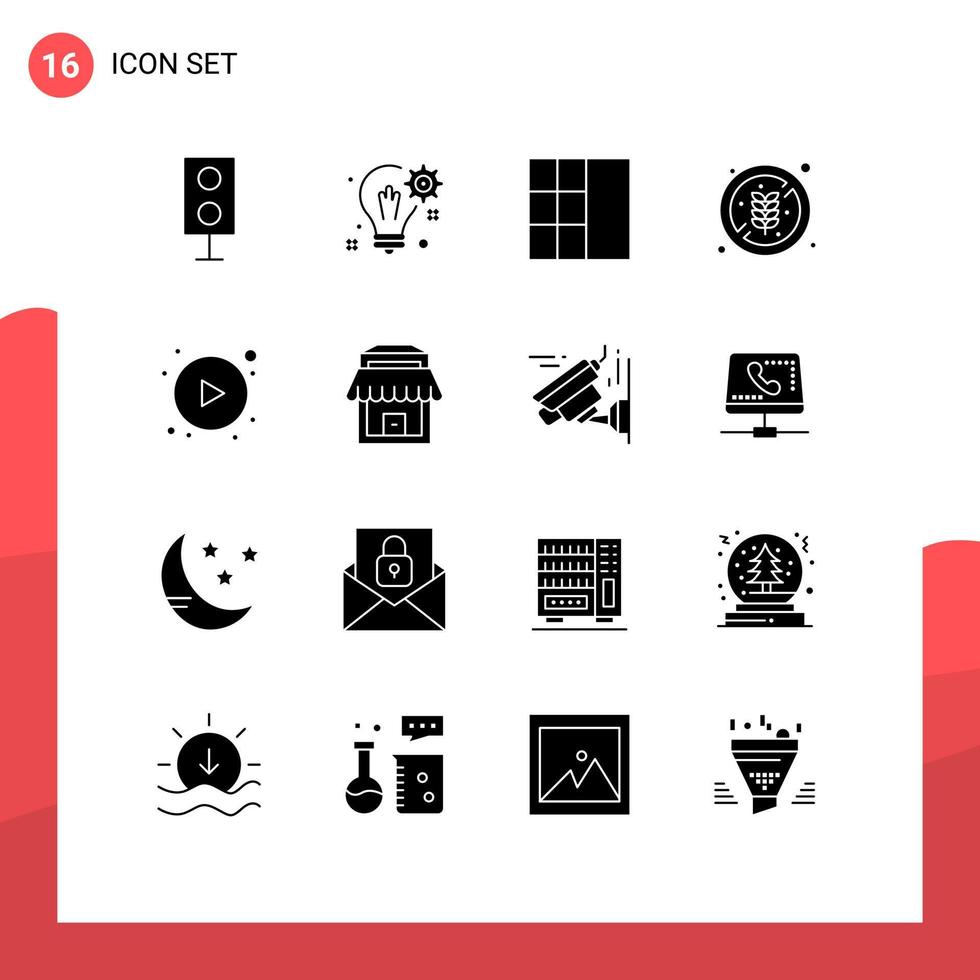Mobile Interface Solid Glyph Set of 16 Pictograms of play rice gear healthy no diet Editable Vector Design Elements