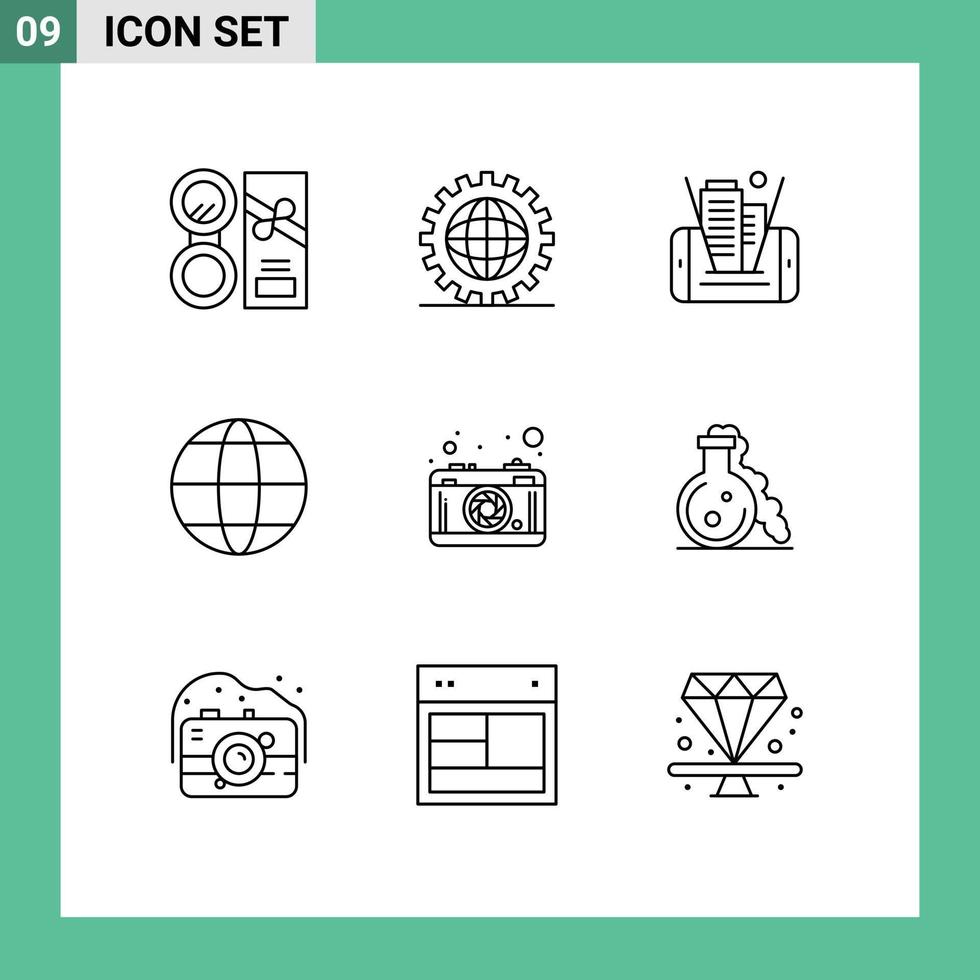 Modern Set of 9 Outlines and symbols such as camera globe global world technology Editable Vector Design Elements