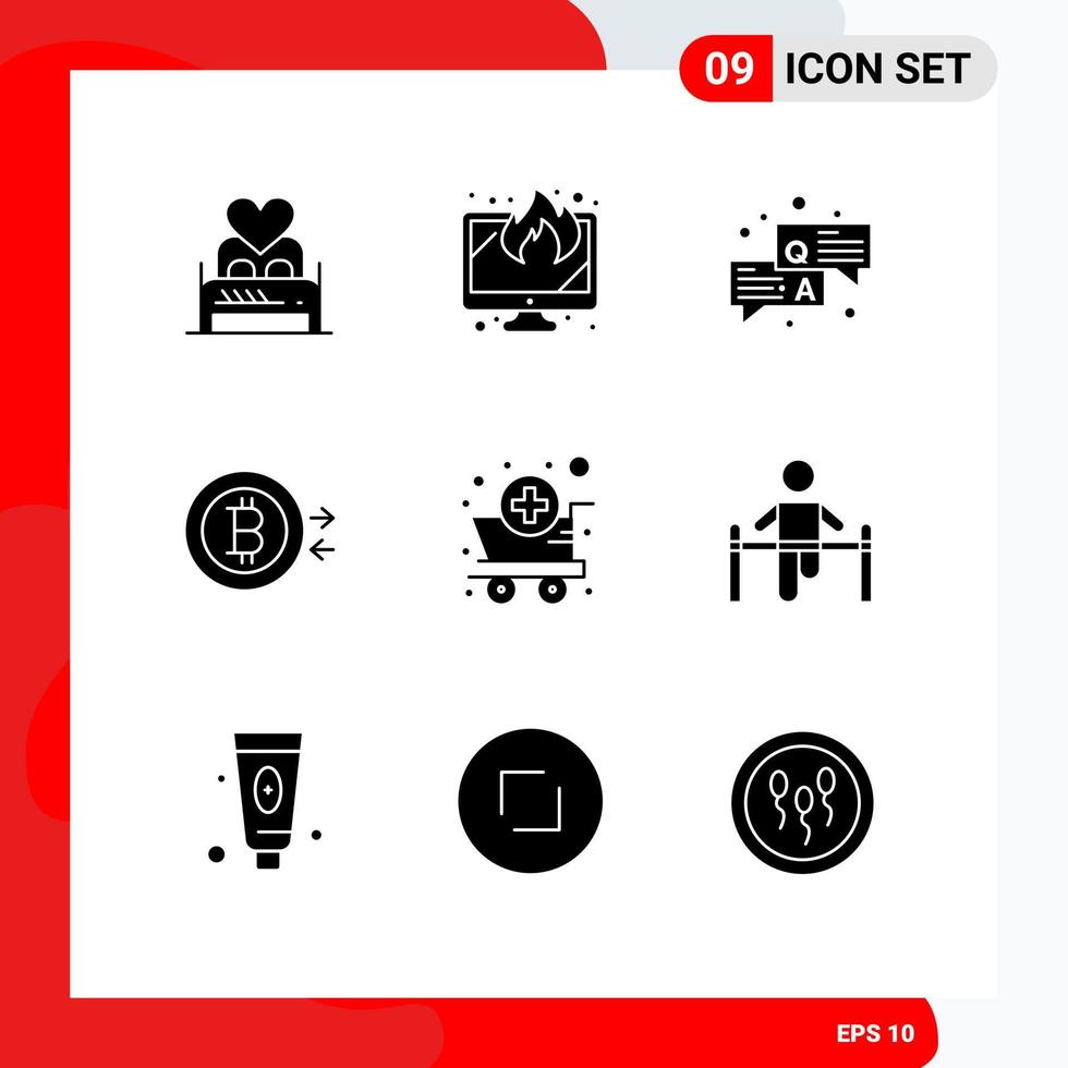 Group of 9 Modern Solid Glyphs Set for cart convert lost bitcoin question Editable Vector Design Elements