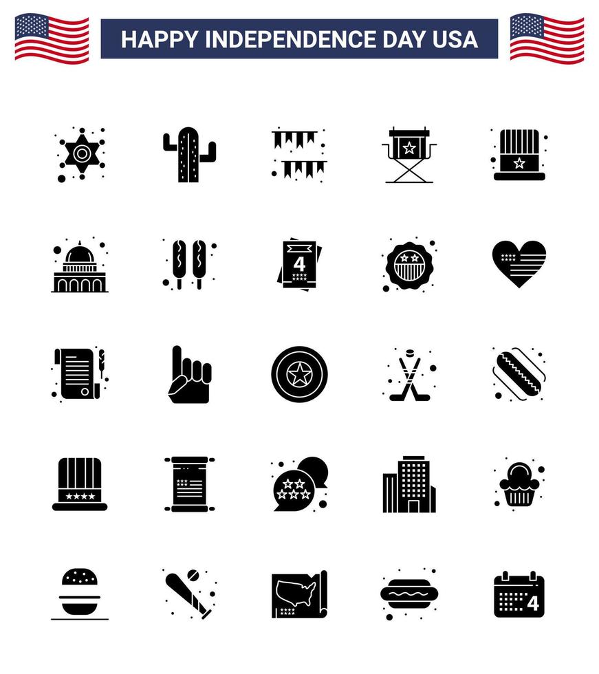 25 signos de glifos sólidos para el día de la independencia de EE. UU. Películas de televisión Fiesta del director del día estadounidense Elementos de diseño vectorial del día de EE. vector