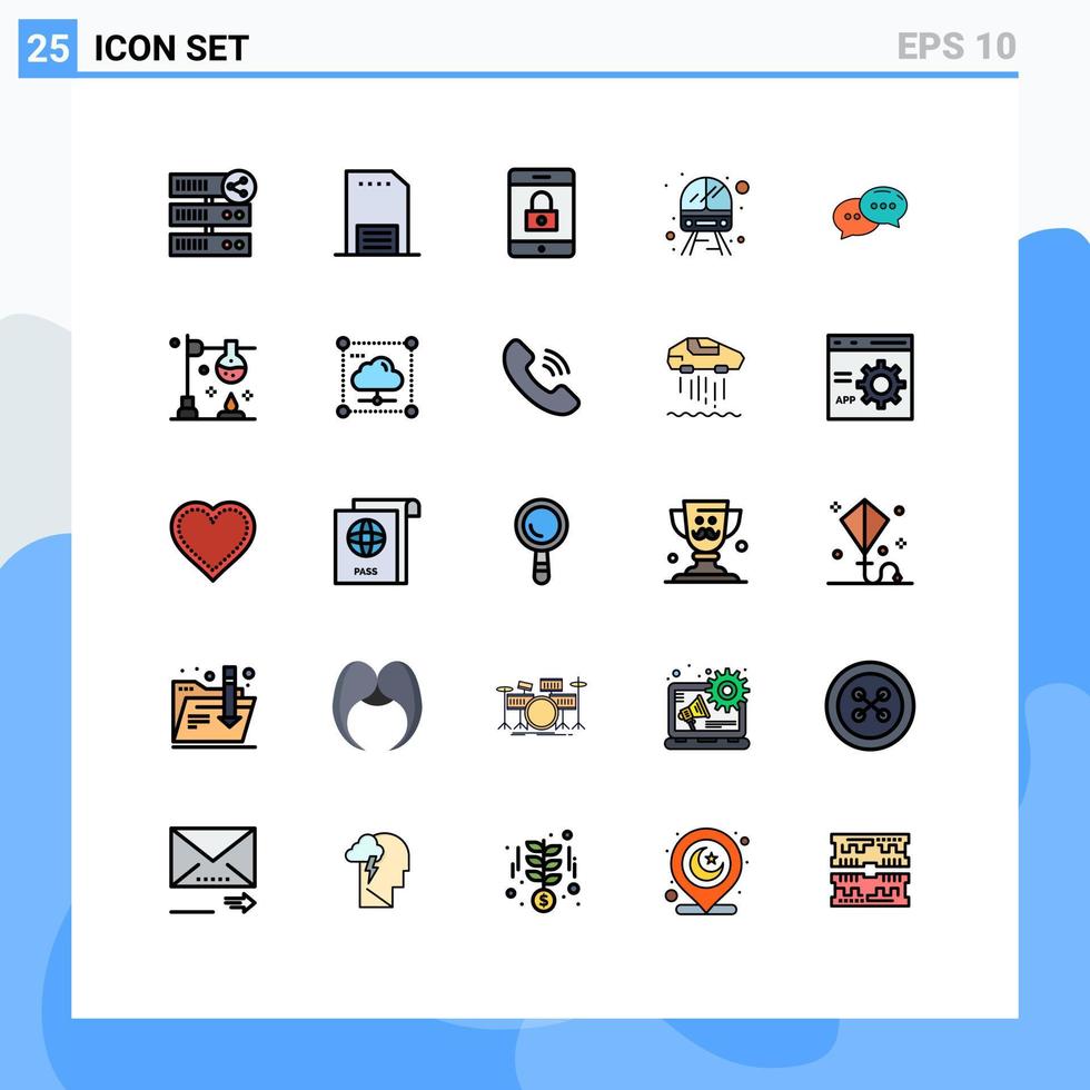 paquete de línea de vector editable de 25 colores planos de línea rellena simple del servicio de folleto de tren de chat elementos de diseño de vector editable móvil