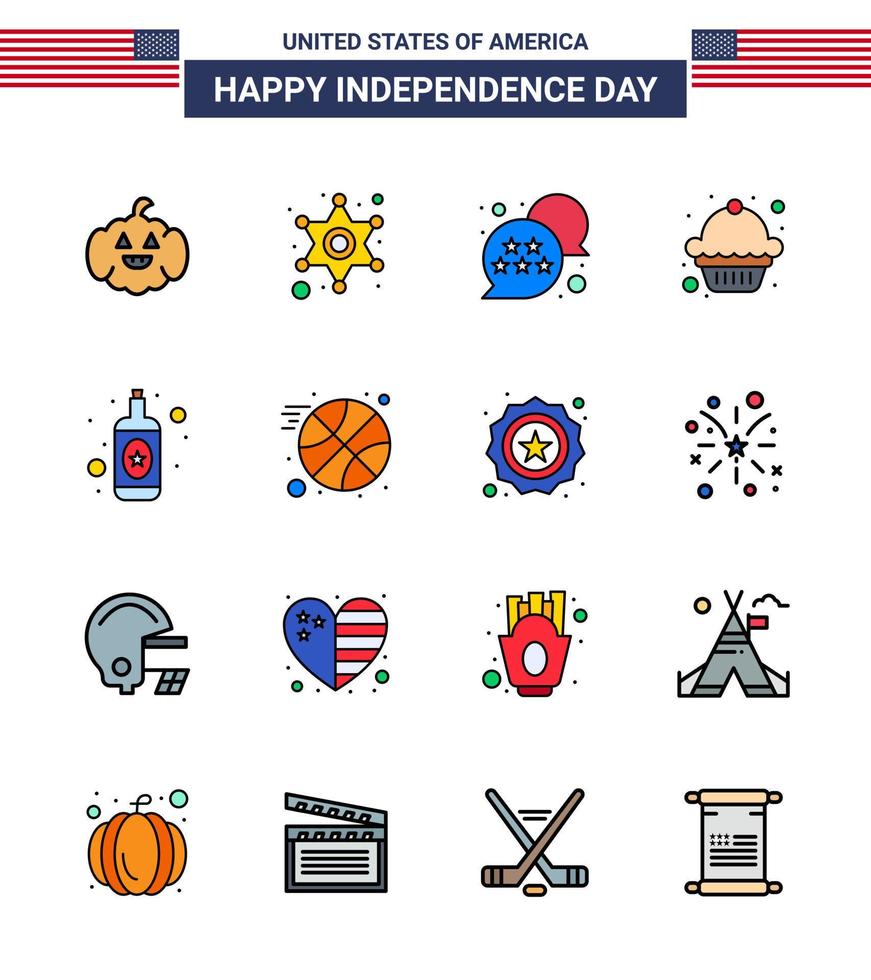 Set of 16 Vector Flat Filled Lines on 4th July USA Independence Day such as basketball bottle usa alcohol dessert Editable USA Day Vector Design Elements