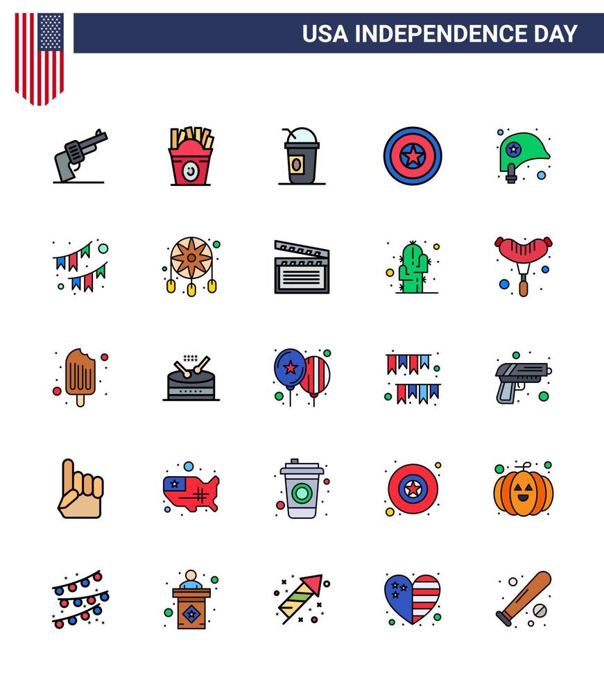 25 USA Flat Filled Line Pack of Independence Day Signs and Symbols of helmet medal america independence day holiday Editable USA Day Vector Design Elements