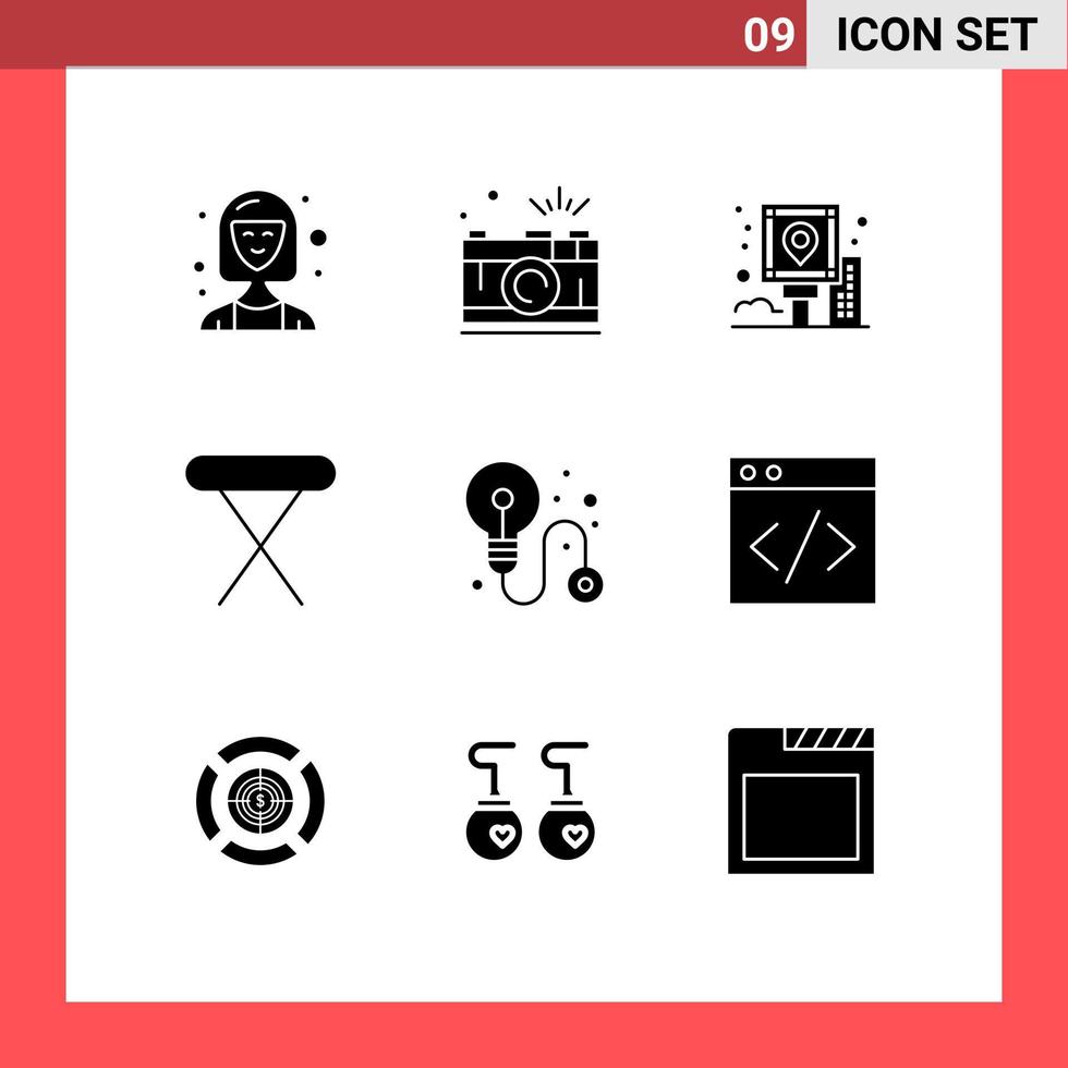 Pack of 9 Modern Solid Glyphs Signs and Symbols for Web Print Media such as iron appliances picture route navigation Editable Vector Design Elements