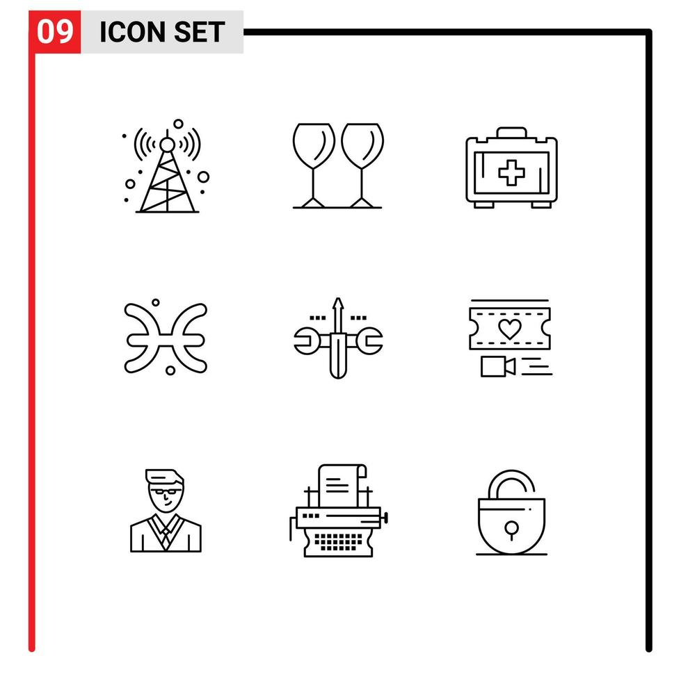 Universal Icon Symbols Group of 9 Modern Outlines of toolings computing health bag cloud pisces Editable Vector Design Elements