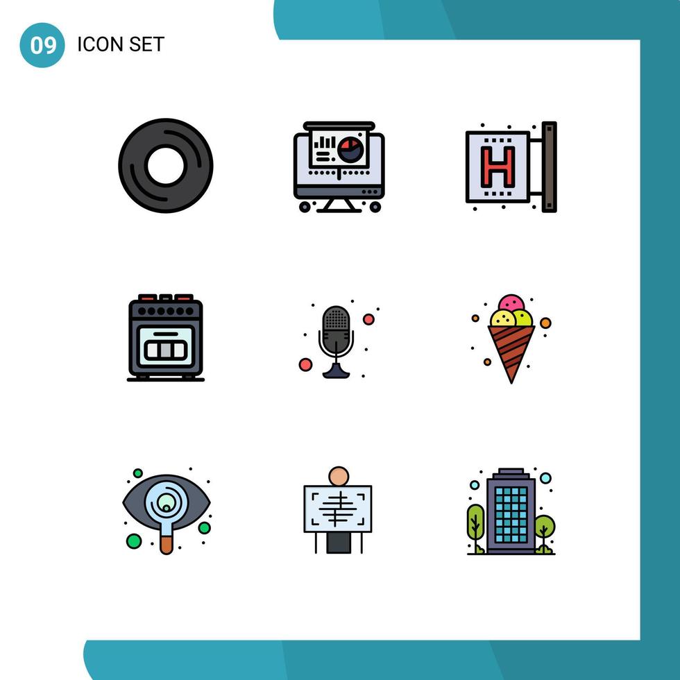 9 concepto de color plano de línea de relleno para sitios web móviles y aplicaciones centro de horno de horneado de micrófono elementos de diseño vectorial editables de salud para hornear vector