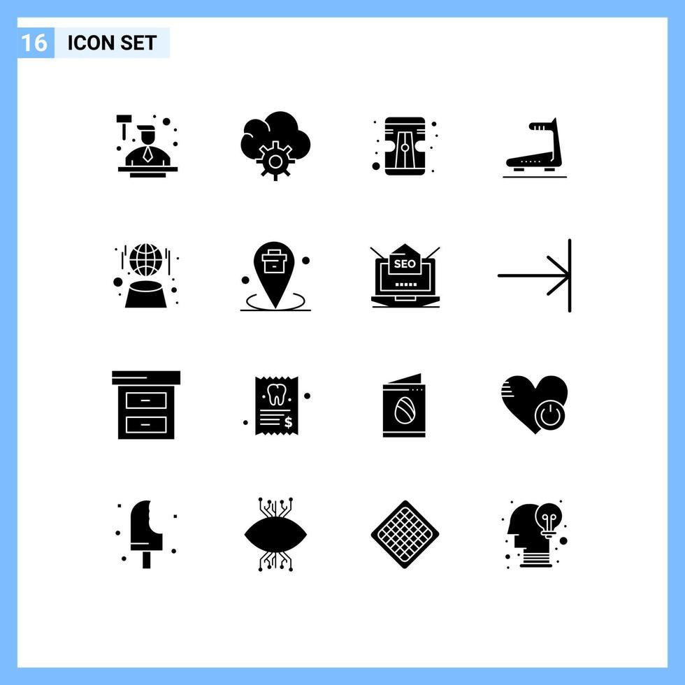 Pack of 16 creative Solid Glyphs of network globe sharpener digital track Editable Vector Design Elements