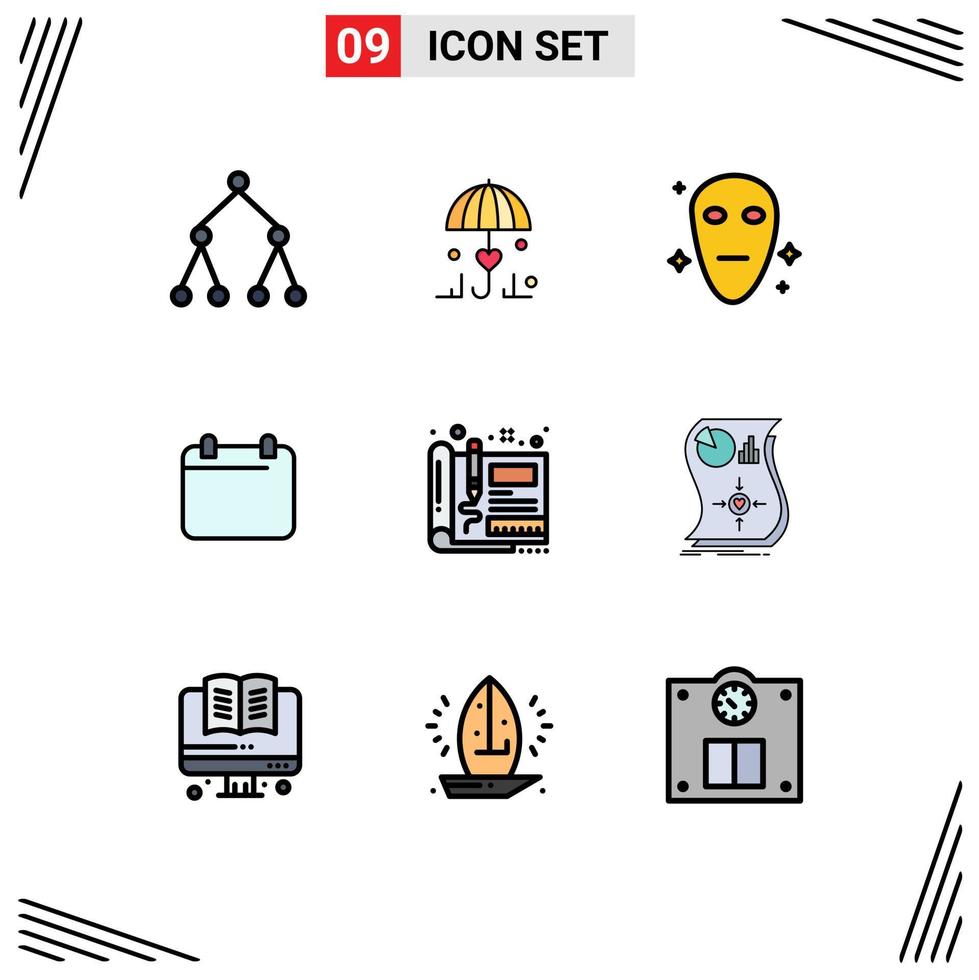 9 Universal Filledline Flat Color Signs Symbols of sketch design galaxy blueprint date Editable Vector Design Elements