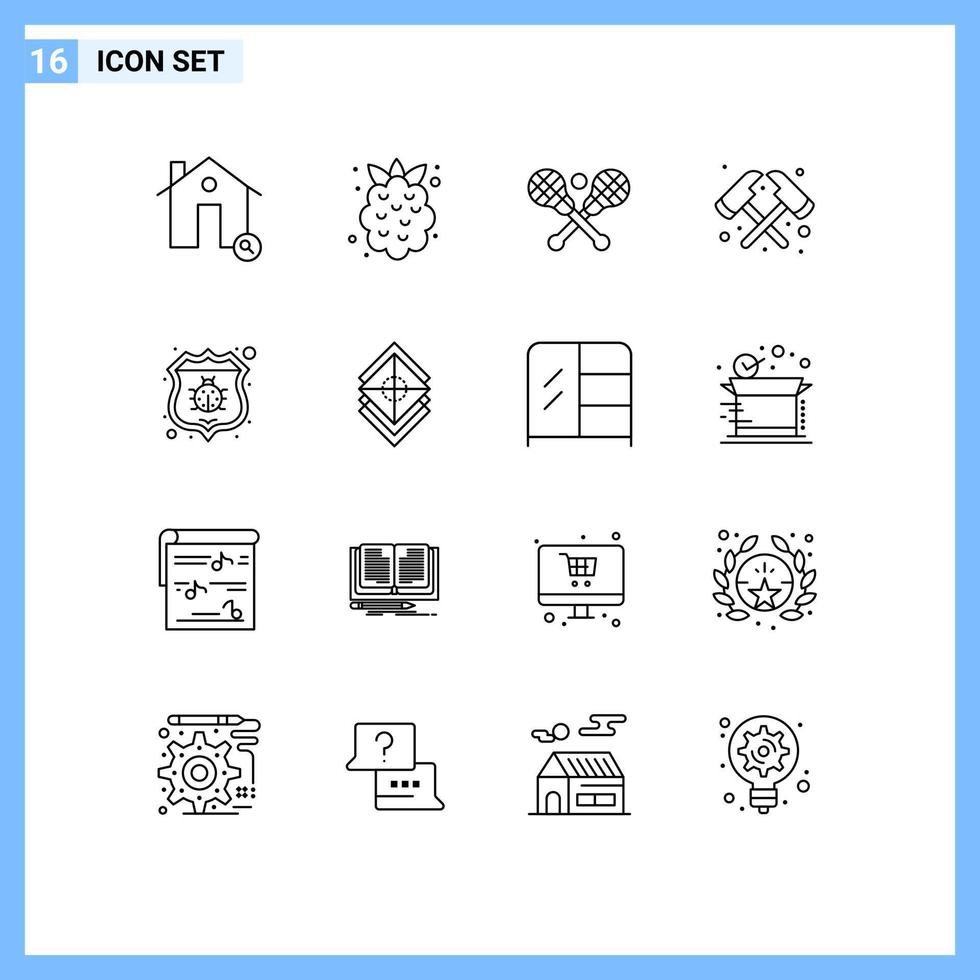Pack of 16 Modern Outlines Signs and Symbols for Web Print Media such as bug firefighter strawberry fire sticks Editable Vector Design Elements