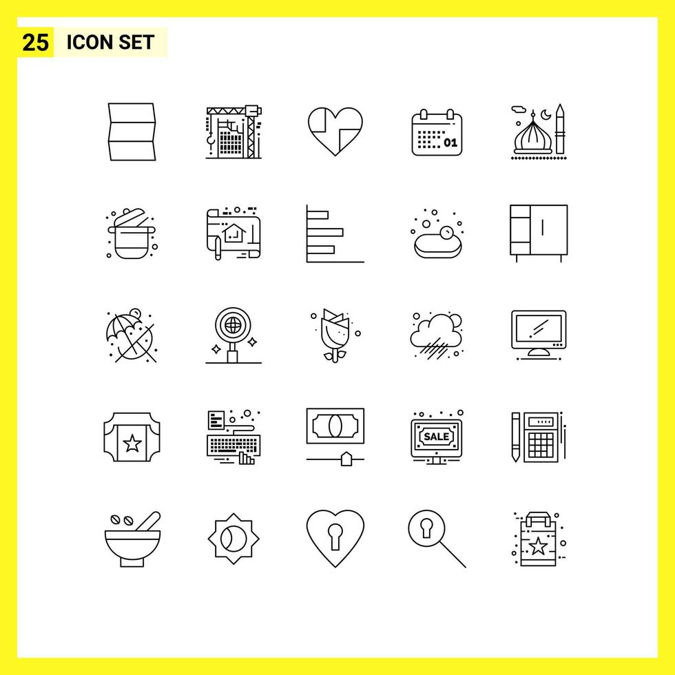 Group of 25 Lines Signs and Symbols for mosque date heart calendar chocolate Editable Vector Design Elements