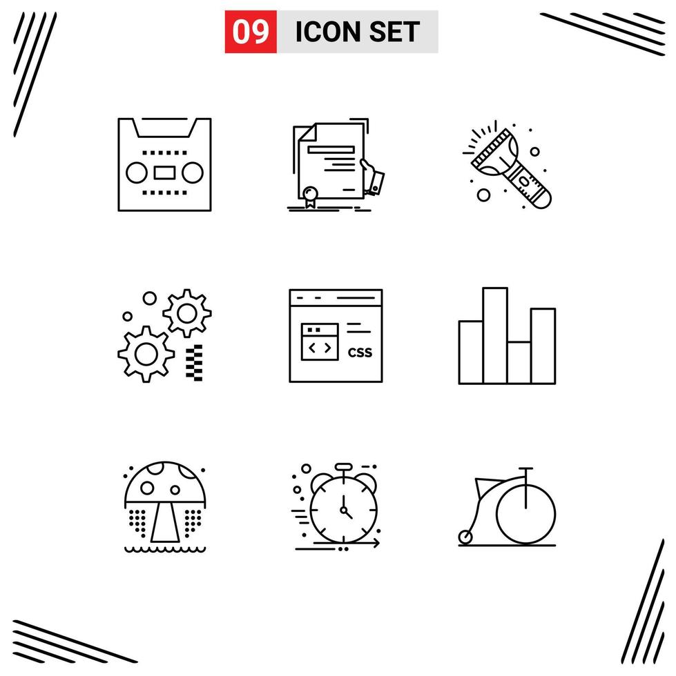 Group of 9 Modern Outlines Set for css code agreement gear cogwheel Editable Vector Design Elements