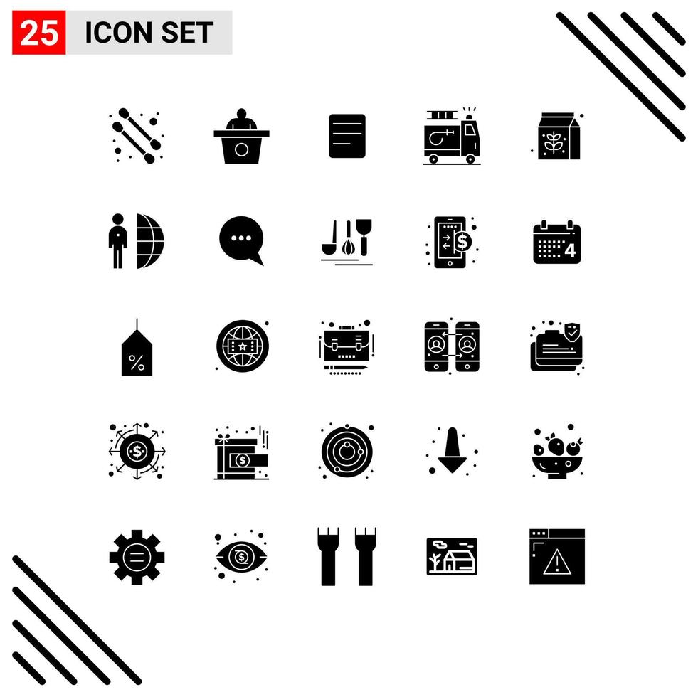 25 User Interface Solid Glyph Pack of modern Signs and Symbols of outsource freelance firefighter package food Editable Vector Design Elements
