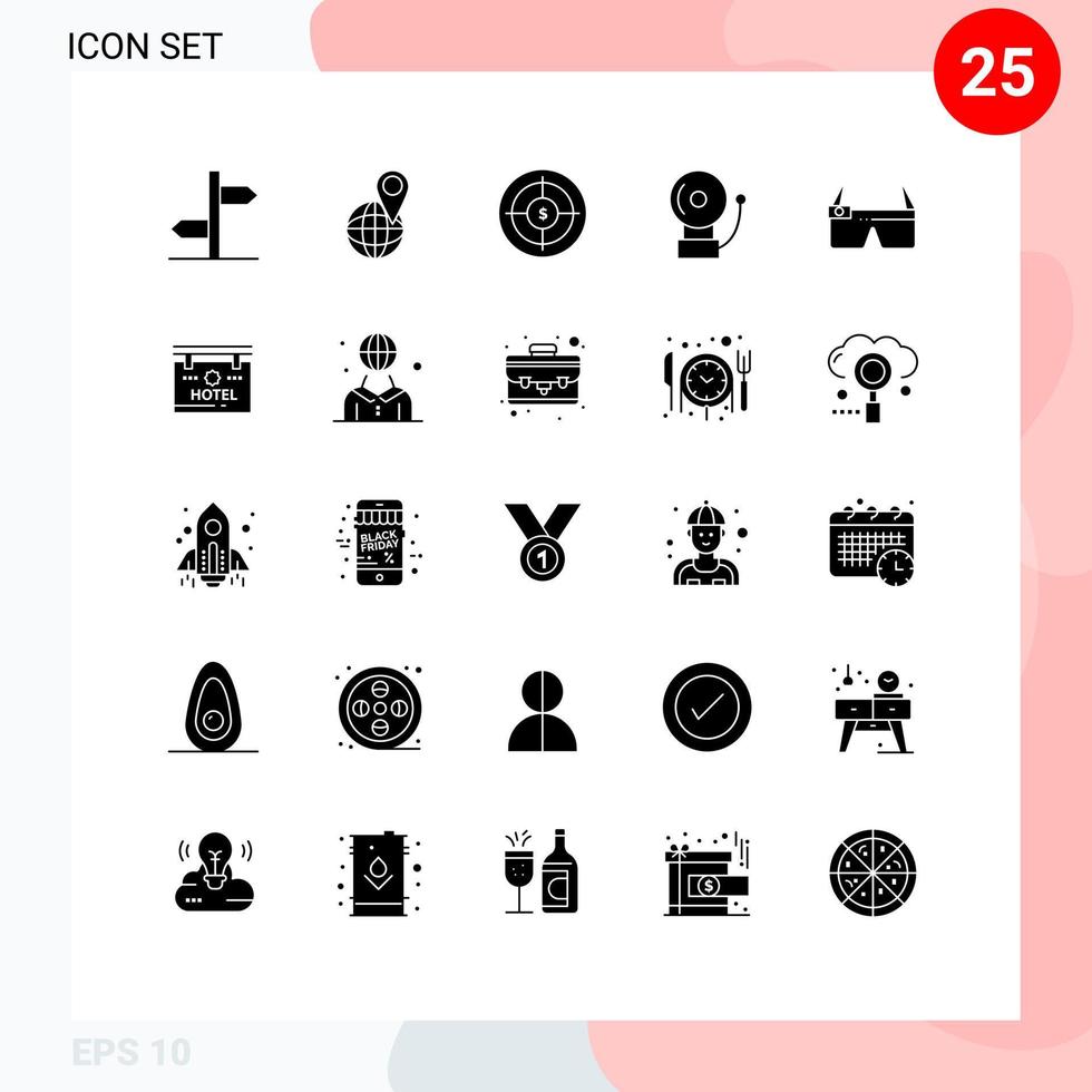 Set of 25 Commercial Solid Glyphs pack for glasses school audience bell target Editable Vector Design Elements