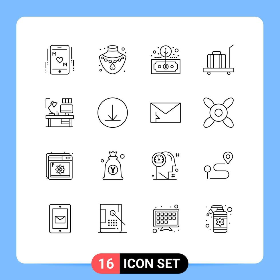 16 User Interface Outline Pack of modern Signs and Symbols of designer weight finance scale baggage Editable Vector Design Elements