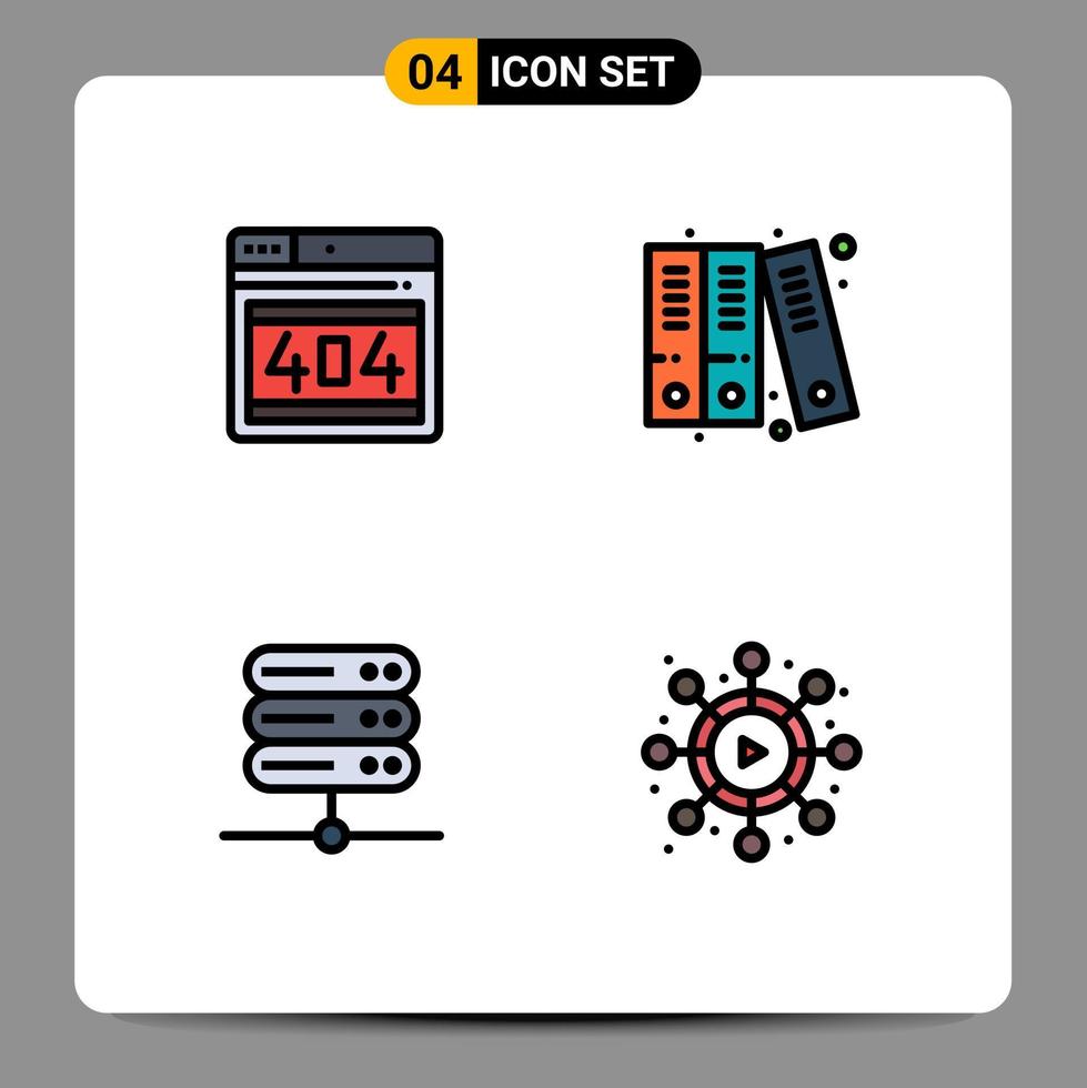 grupo de 4 signos y símbolos de colores planos de línea rellena para elementos de diseño vectorial editables de vídeo del historial de errores del servidor seo vector