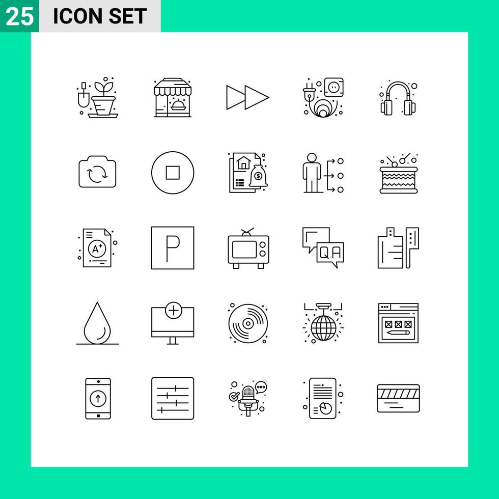 grupo de 25 líneas modernas configuradas para la cámara básica junto a los auriculares elementos de diseño vectorial editables vector