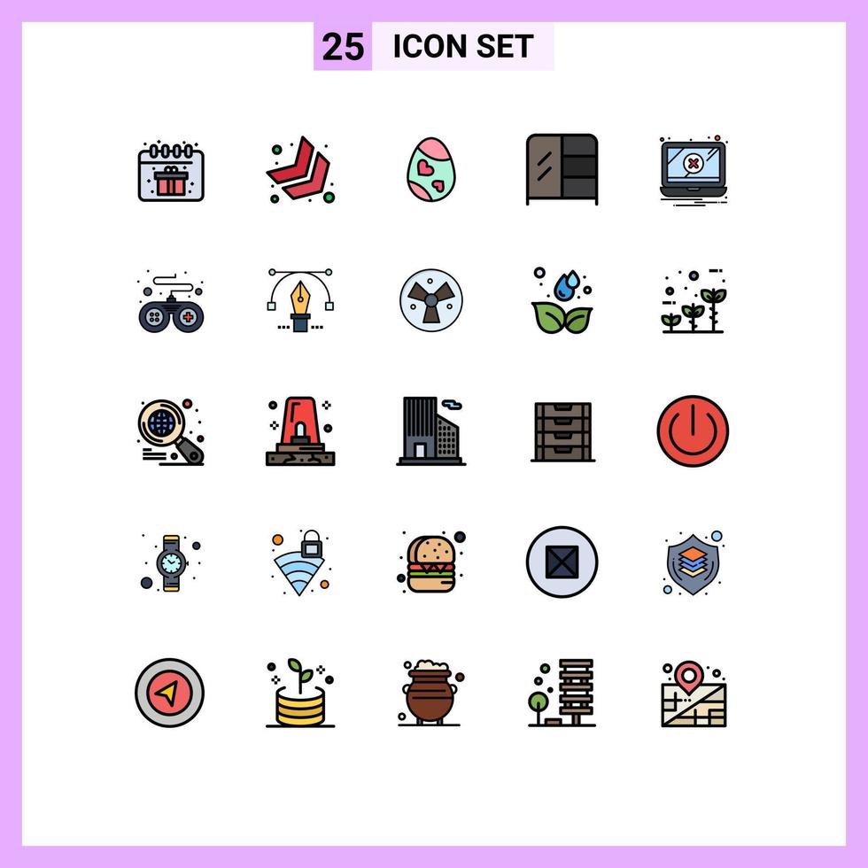 grupo de 25 colores planos de línea rellena modernos establecidos para notificación de advertencia error de pascua elementos de diseño de vectores editables interiores