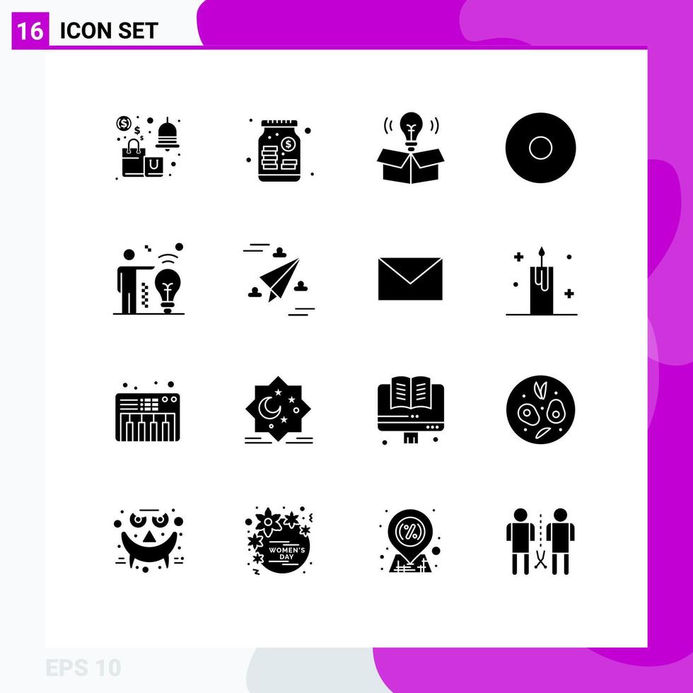 Group of 16 Solid Glyphs Signs and Symbols for bulb business money record light Editable Vector Design Elements