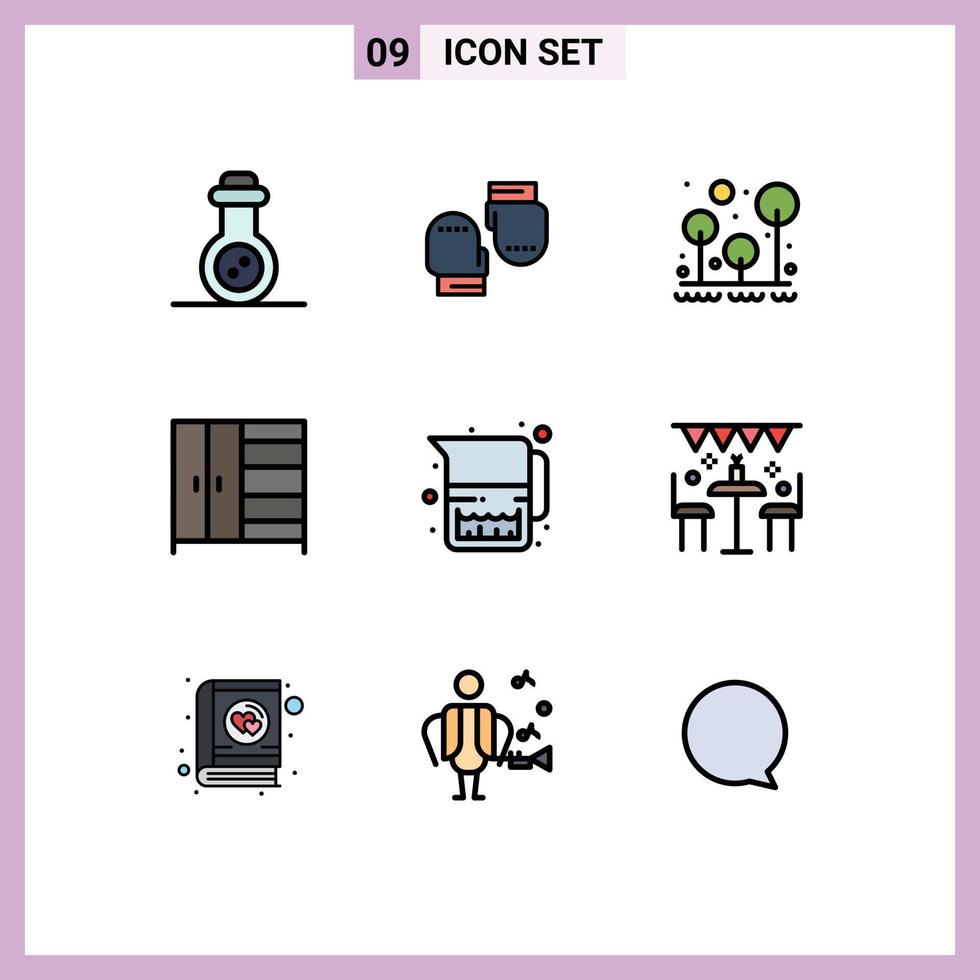 Universal Icon Symbols Group of 9 Modern Filledline Flat Colors of milk food forest wardrobe furniture Editable Vector Design Elements