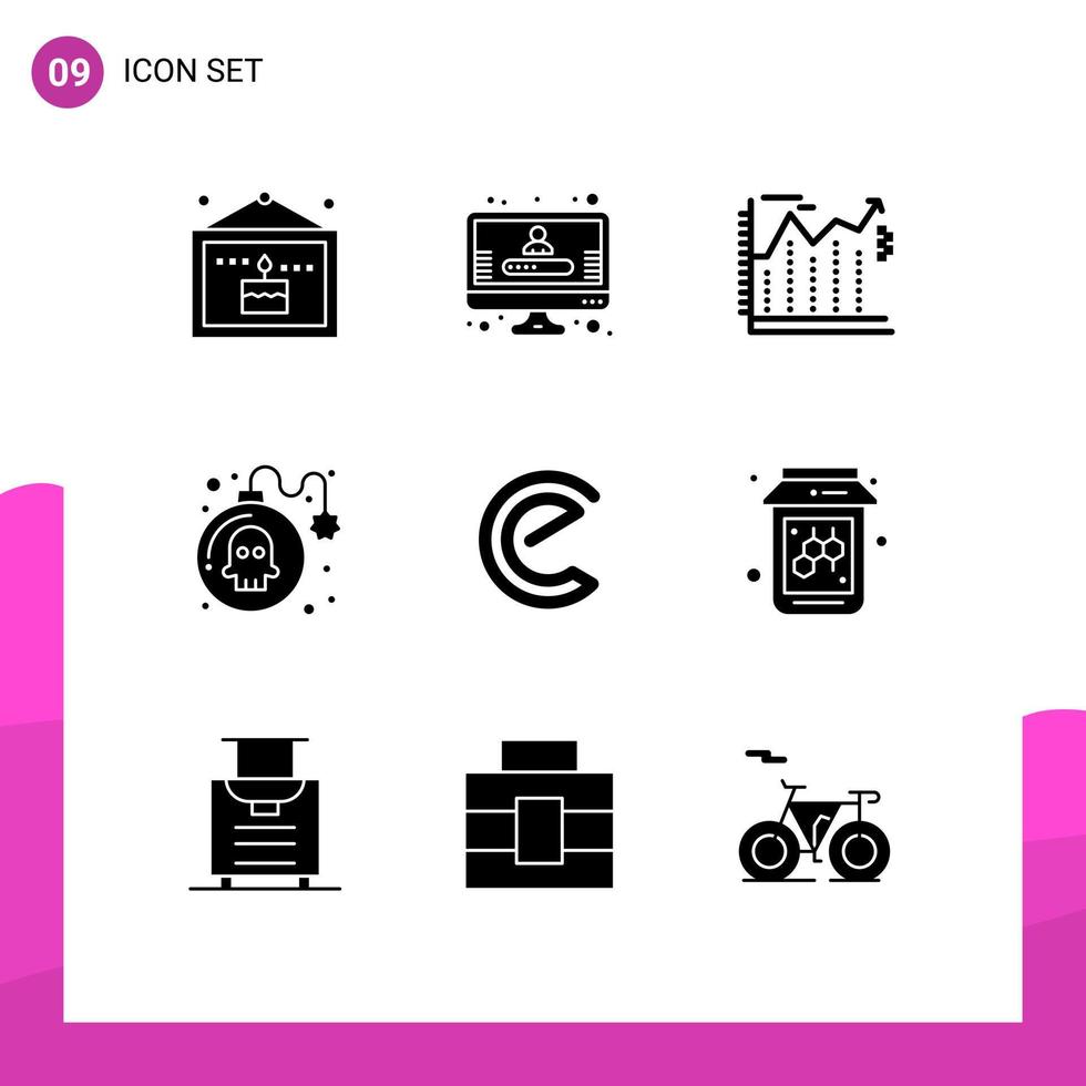 Modern Set of 9 Solid Glyphs Pictograph of crypto energy coin banking play danger Editable Vector Design Elements