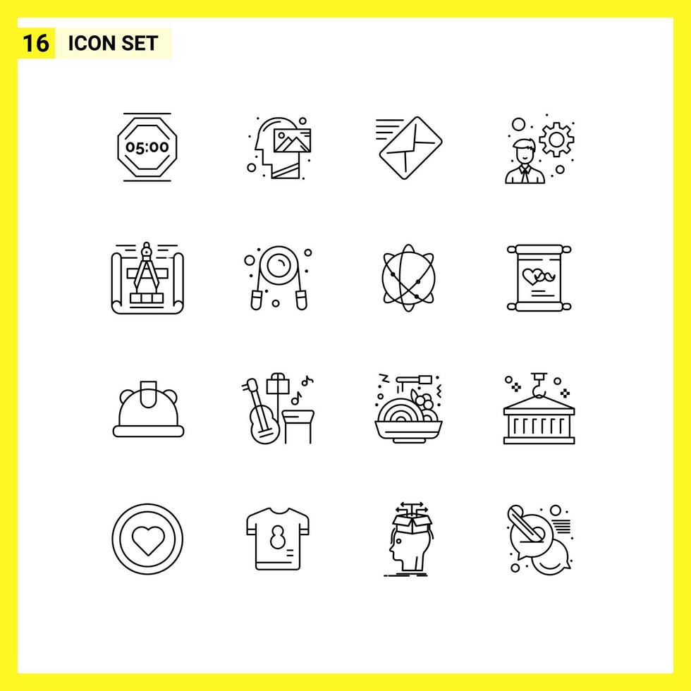 User Interface Pack of 16 Basic Outlines of blueprint development thinking developer message Editable Vector Design Elements