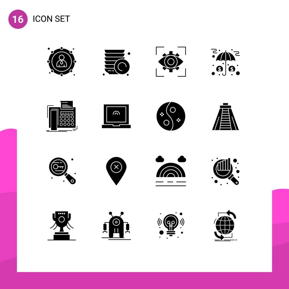 User Interface Pack of 16 Basic Solid Glyphs of fax money focus investment assets Editable Vector Design Elements