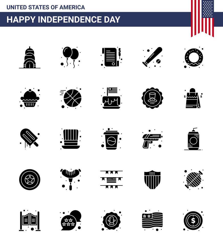 Modern Set of 25 Solid Glyph and symbols on USA Independence Day such as nutrition donut receipt usa bat Editable USA Day Vector Design Elements