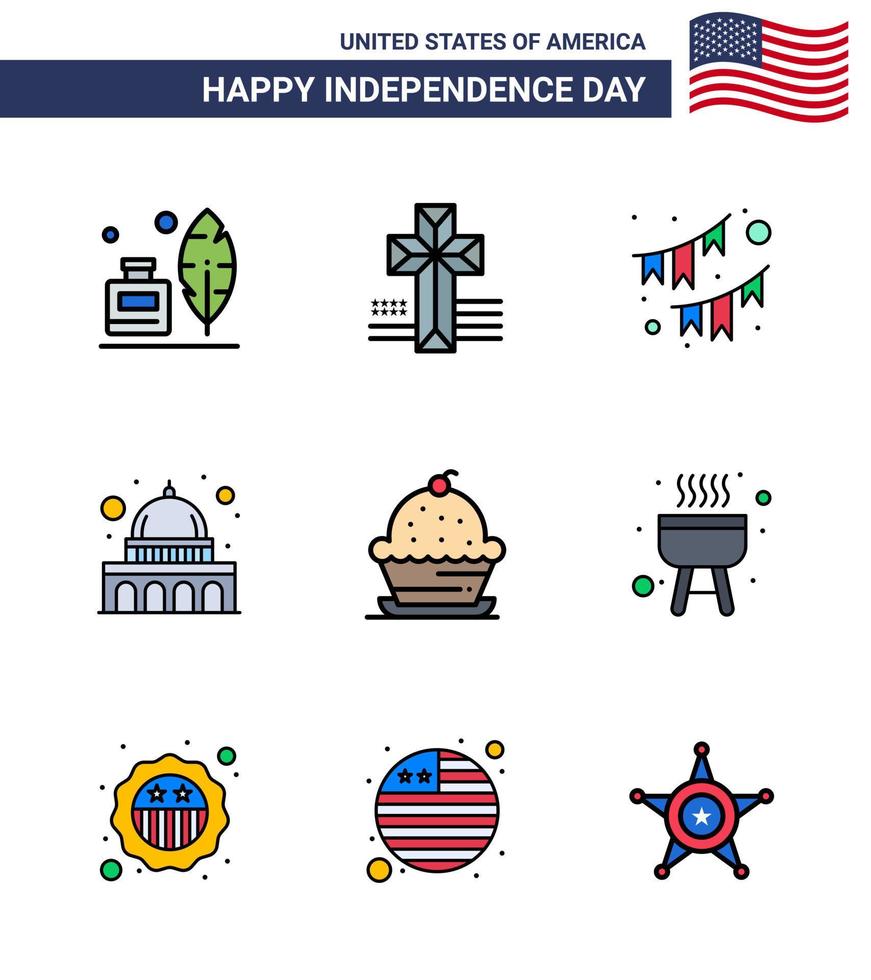 4th July USA Happy Independence Day Icon Symbols Group of 9 Modern Flat Filled Lines of dessert wisconsin buntings usa capitol Editable USA Day Vector Design Elements