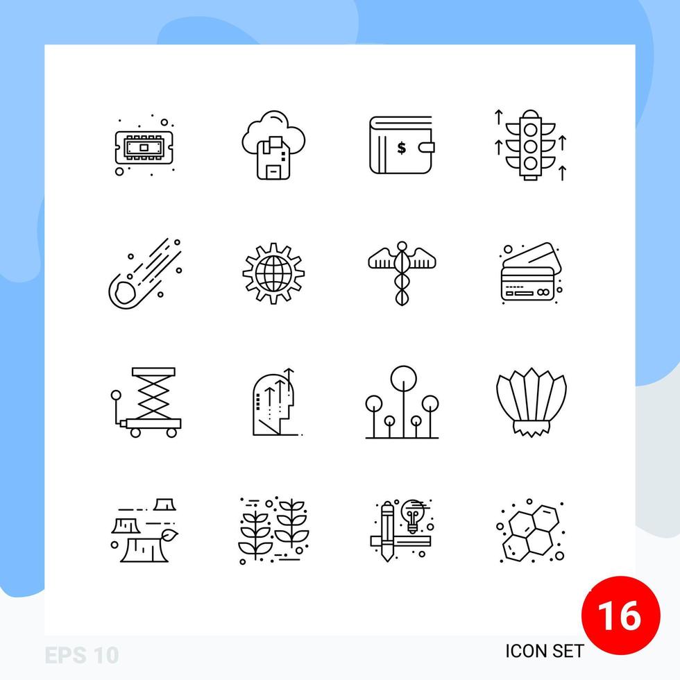 Pack of 16 Modern Outlines Signs and Symbols for Web Print Media such as astronomy server wallet light payment Editable Vector Design Elements