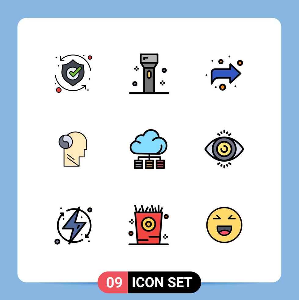 Filledline Flat Color Pack of 9 Universal Symbols of cloud head products brian right Editable Vector Design Elements