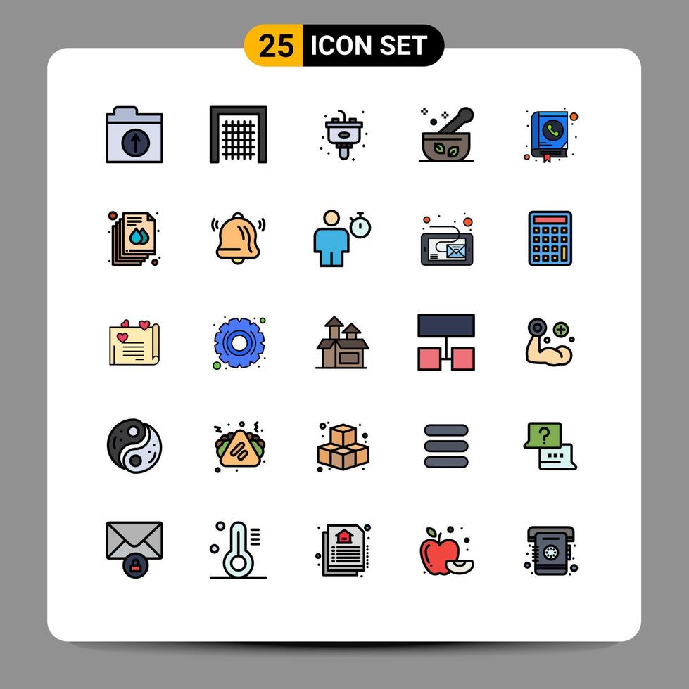 Mobile Interface Filled line Flat Color Set of 25 Pictograms of contact address garbage soup medical Editable Vector Design Elements