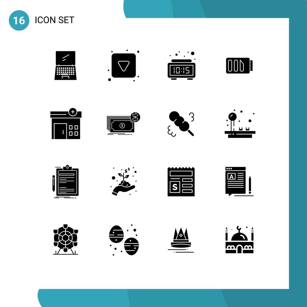 Set of 16 Vector Solid Glyphs on Grid for medical electricity full battery time Editable Vector Design Elements