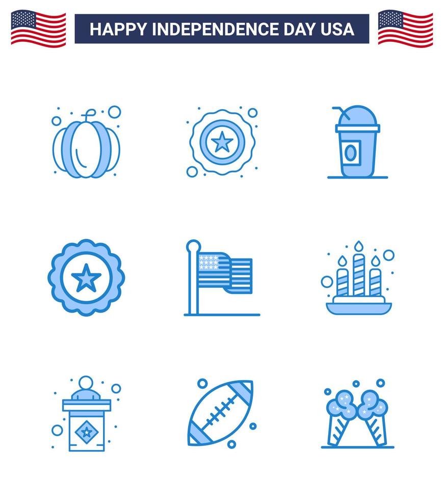 Set of 9 Modern Blues pack on USA Independence Day usa flag limonade american sign Editable USA Day Vector Design Elements