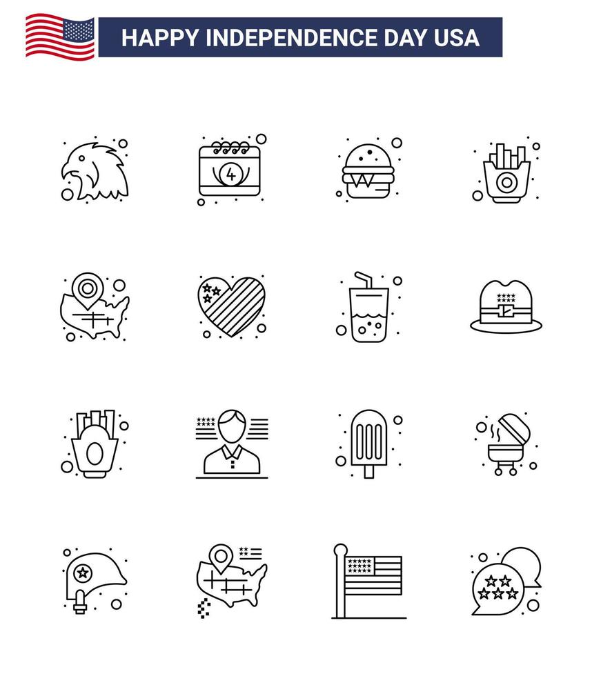 Set of 16 Vector Lines on 4th July USA Independence Day such as usa map fast chips food Editable USA Day Vector Design Elements