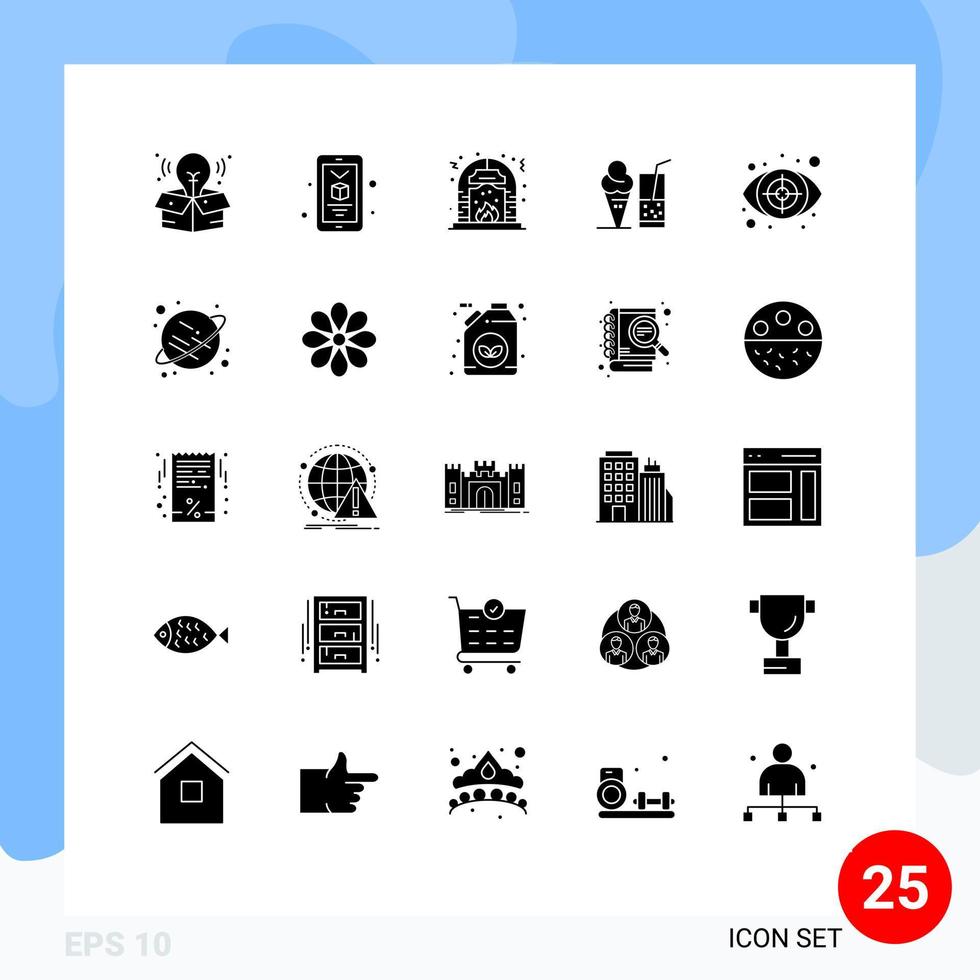 Pictogram Set of 25 Simple Solid Glyphs of investigation crime fire juice ice cream Editable Vector Design Elements