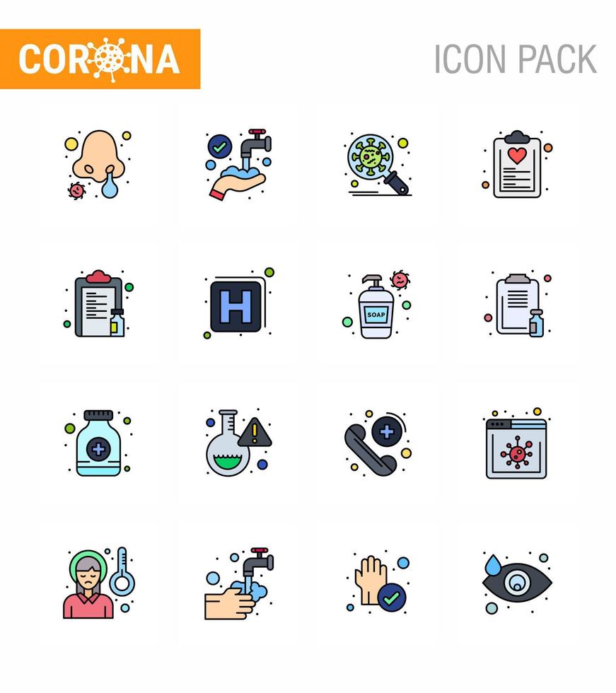 Coronavirus Precaution Tips icon for healthcare guidelines presentation 16 Flat Color Filled Line icon pack such as plan healthcare bacteria diet virus viral coronavirus 2019nov disease Vector De