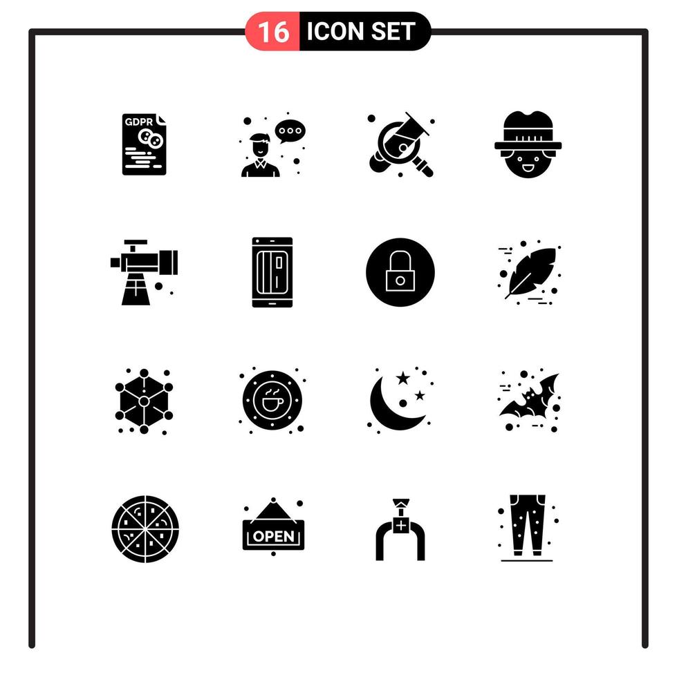 Group of 16 Solid Glyphs Signs and Symbols for scope man profession gardener search Editable Vector Design Elements